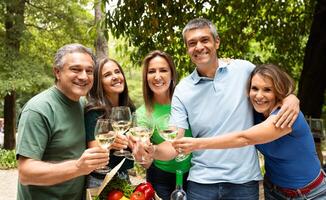 A group of five friends joyfully toasts with glasses of white wine amid lush greenery in a park, celebrating together during a warm, sunny day filled with laughter and camaraderie. photo