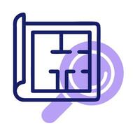 A blue icon with a magnifying glass and a piece of paper vector