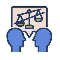 Two people are talking about a balance scale vector