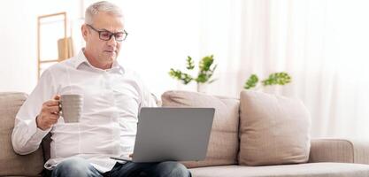 Serious Mature Man Holding Laptop Computer And Coffee Mug, Sitting On Sofa At Home, Empty Space photo