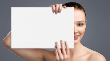 Makeup Concept. Young Female Holding White Paper Board Covering Half Of Face Looking At Camera Posing In Studio Over White Background. Headshot Of Pretty Woman With Poster For Text photo