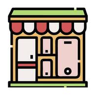 A small store with a red awning and a door vector