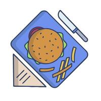 Burger and fries on a plate with a knife and fork vector