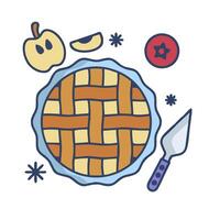 A pie with an apple and knife on a white background vector