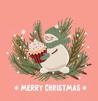 new year christmas card with snowman and muffin on pink background. template with cute elements for design vector