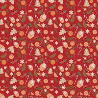 Seamless pattern with christmas cookies, fir branches, oranges and etc on red background vector