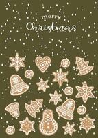 new year christmas postcard. template with cute christmas cookies or ginger bread on green background for design vector