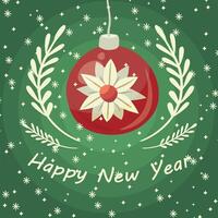 greeting card with christmas tree ball and flower on it. illustration for new year design with green background vector