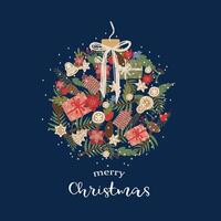 new year christmas greeting card on blue background. template with cute elements for design vector