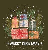 new year christmas greeting card with gifts and fir branches. template with cute elements for design vector