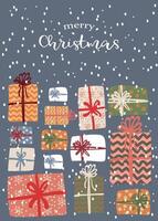 new year christmas card with presents on blue background. template with cute elements for design vector