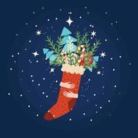 Christmas sock with fir brunches, trees, candy canes and hands. Template for new years design vector