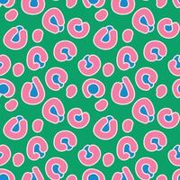 Leopard skin print pink and blue on green background. Groovy. Seamless. Abstract. Hand drawn vector