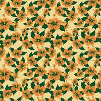 Tropical pattern with hibiscuses, yellow background. A lush and exotic pattern featuring hand-drawn tropical flowers. Ideal for adding a touch of paradise to home decor, fashion, or digital projects. vector