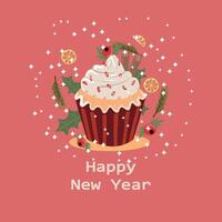 new year christmas greeting card with muffin and oranges. template with cute elements for design vector