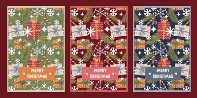 set of christmas and new year backgrounds with gifts, stars, fir branches and snowflackes vector