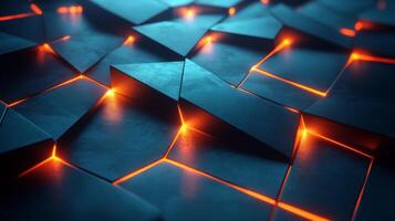 A dark textured surface prominently showcases a geometric pattern with illuminated edges glowing in blue and orange hues, creating an abstract visual effect. photo