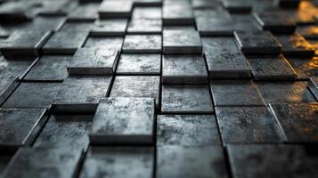 A close-up view shows a surface covered with dark metallic tiles, arranged in a precise grid pattern, highlighting a sleek and contemporary design. photo