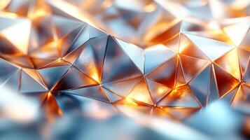 A close-up view reveals a captivating metallic surface composed of triangular shapes that catch and reflect warm light, creating an energetic feel. photo
