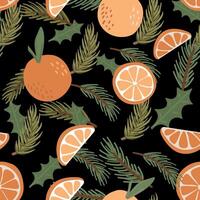 Seamless pattern with citruses and fir branches. illustration in bright colors on black background. vector