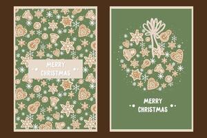 set of christmas and new year greeting card with gingerbreads on green background vector