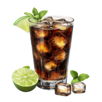Real Glass of Cold Cola with Ice and Mint Leaves Isolated on Transparent Background png