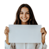 Smiling Woman Holding Blank White Sign Isolated on Transparent Background png