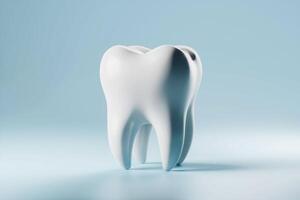 Glossy white tooth stands upright against light blue background, showcasing molar anatomy photo