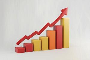 Red arrow on 3D bar chart, against white background, shows growth photo