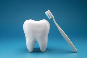 White tooth and toothbrush on blue background suggest brushing action, promoting care photo