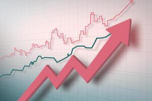 Pink and green lines on graph with red arrow show upward trend photo