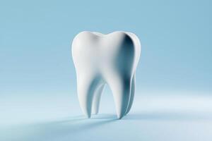 3D white tooth against light blue background highlights rounded crown and tapering root photo