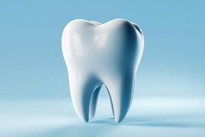 White 3D tooth with smooth surface stands against light blue background photo