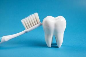 3D tooth with white toothbrush displayed on vibrant blue background promotes dental care photo