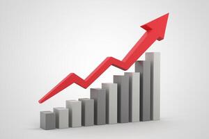 Red 3D arrow points upwards over gray bars, indicating rising data photo