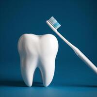 White tooth and toothbrush on blue background suggest brushing action, promoting care For Social Media Post Size photo