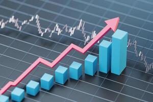 Pink arrow on 3D line chart rises, signaling data growth photo