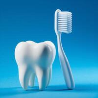 3D tooth with white toothbrush displayed on vibrant blue background promotes dental care For Social Media Post Size photo
