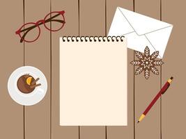 Christmas background featuring top view of notebook on table with copy space for text. illustration for holiday designs, festive notes, and seasonal promotional content vector