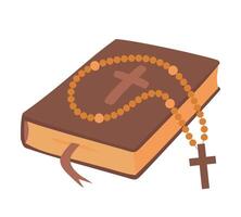 rosary beads lie on the bible. Sacred attributes for Catholics and Orthodox in cartoon style. Rosary beads for prayer and reflection on God of Christians. Holy Scripture on white background. vector