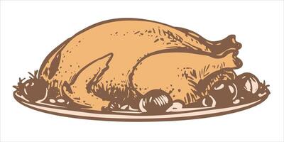 Hand drawn roast turkey in a plate with vegetables. sketch of Christmas dish in engraving style. Baked chicken with vegetables on a plate for thanksgiving party. Linear ink drawing. vector