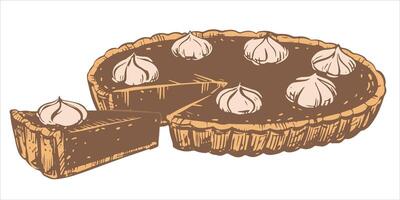 Autumn pumpkin pie with whipped cream. Traditional baking for Thanksgiving and Halloween. illustration in hand-drawn sketch style. Line art in ink. vector