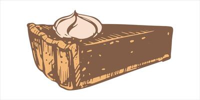 Autumn pumpkin pie with whipped cream. Traditional baking for Thanksgiving and Halloween. illustration in hand sketch style. Line art ink drawing of a piece of pie. vector