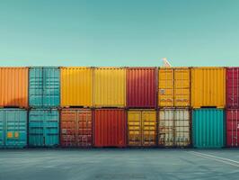 Cargo containers stacked in a port. The containers are used for shipping, transportation, and logistics in various industries. photo