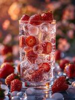 Fresh drink with strawberries and ice cubes. Summer beverage close up. Fresh drink with berries. photo