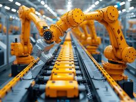 Yellow industrial robot arm at production line at modern factory. Yellow robot arm in maintenance unit. Industrial robot arms in factory. photo