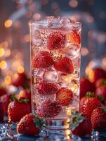 Fresh drink with strawberries and ice cubes. Summer beverage close up. Fresh drink with berries. photo