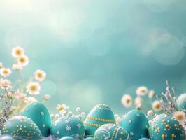 Blue Painted Colorful Easter Eggs on Blue Pastel Background. Happy Easter Background. photo