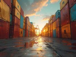 Cargo containers stacked in a port. The containers are used for shipping, transportation, and logistics in various industries. photo