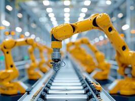 Yellow industrial robot arm at production line at modern factory. Yellow robot arm in maintenance unit. Industrial robot arms in factory. photo